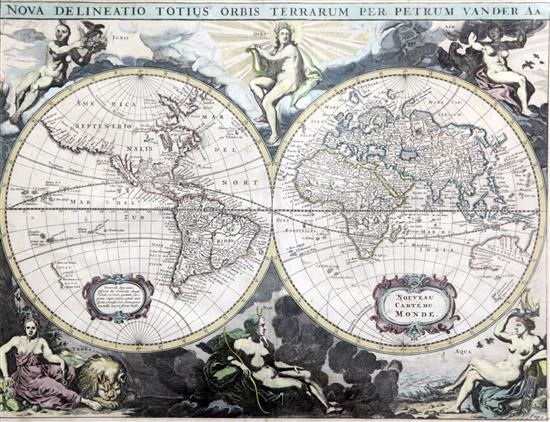 Pierre Vander. A coloured copper engraving, Map of the World, 35 x 26.5cm